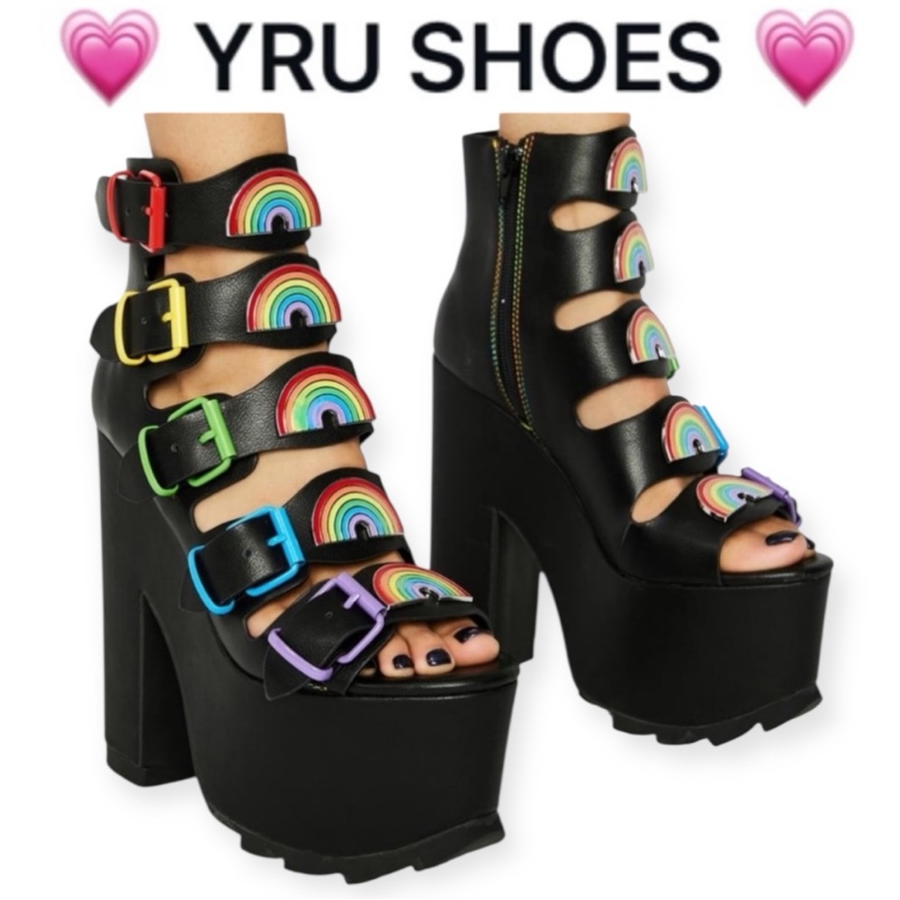 YRU DOLLS KILL DREAMSCAPE RAINBOW BLACK VEGAN LEATHER PLATFORM SANDALS **NWT**